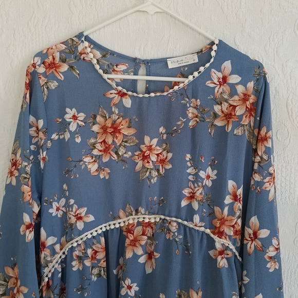 Perfect Peach Blue Babydoll Dress Floral Long Sleeve Crochet Waist Romantic Plus - Picture 2 of 12
